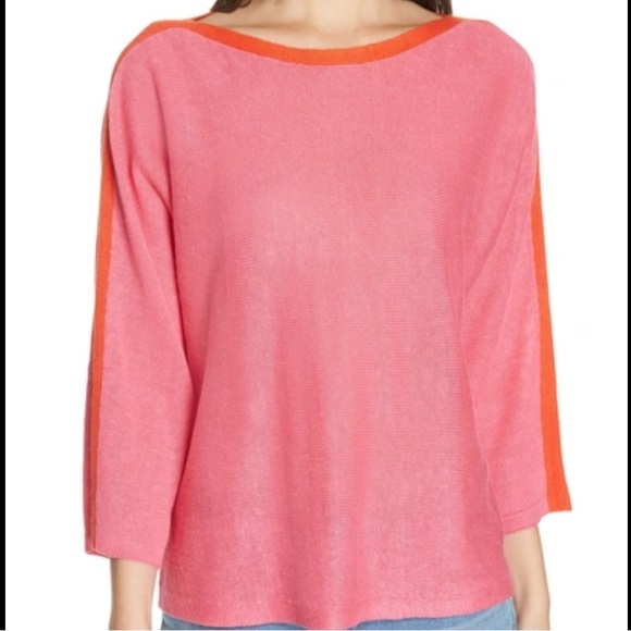 Eileen Fisher Sweaters - Pink and orange organic linen colorblock 3/4 length sleeve sweater Boatneck GUC